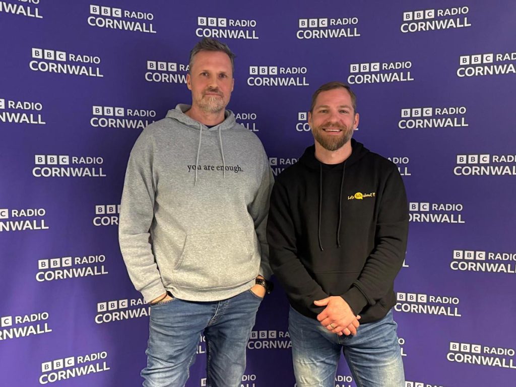 Photo of me, Chris Adams - Counsellor, and Ross - Founder of Man Down, at BBC Radio Cornwall